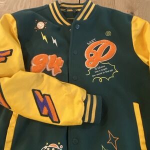 BLEECKER & MERCER MEN'S MIXED FABRIC EMBROIDERED VARSITY Letterman JACKET XL *